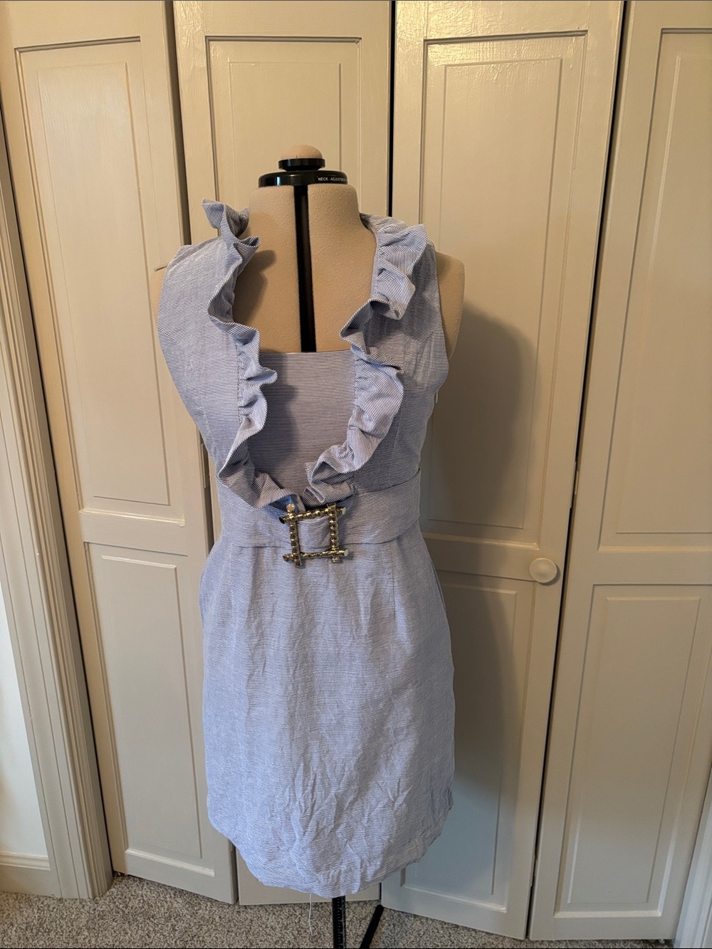 Elizabeth McKay Light Blue Ruffle Halter Mini Dress with Decorative Buckle